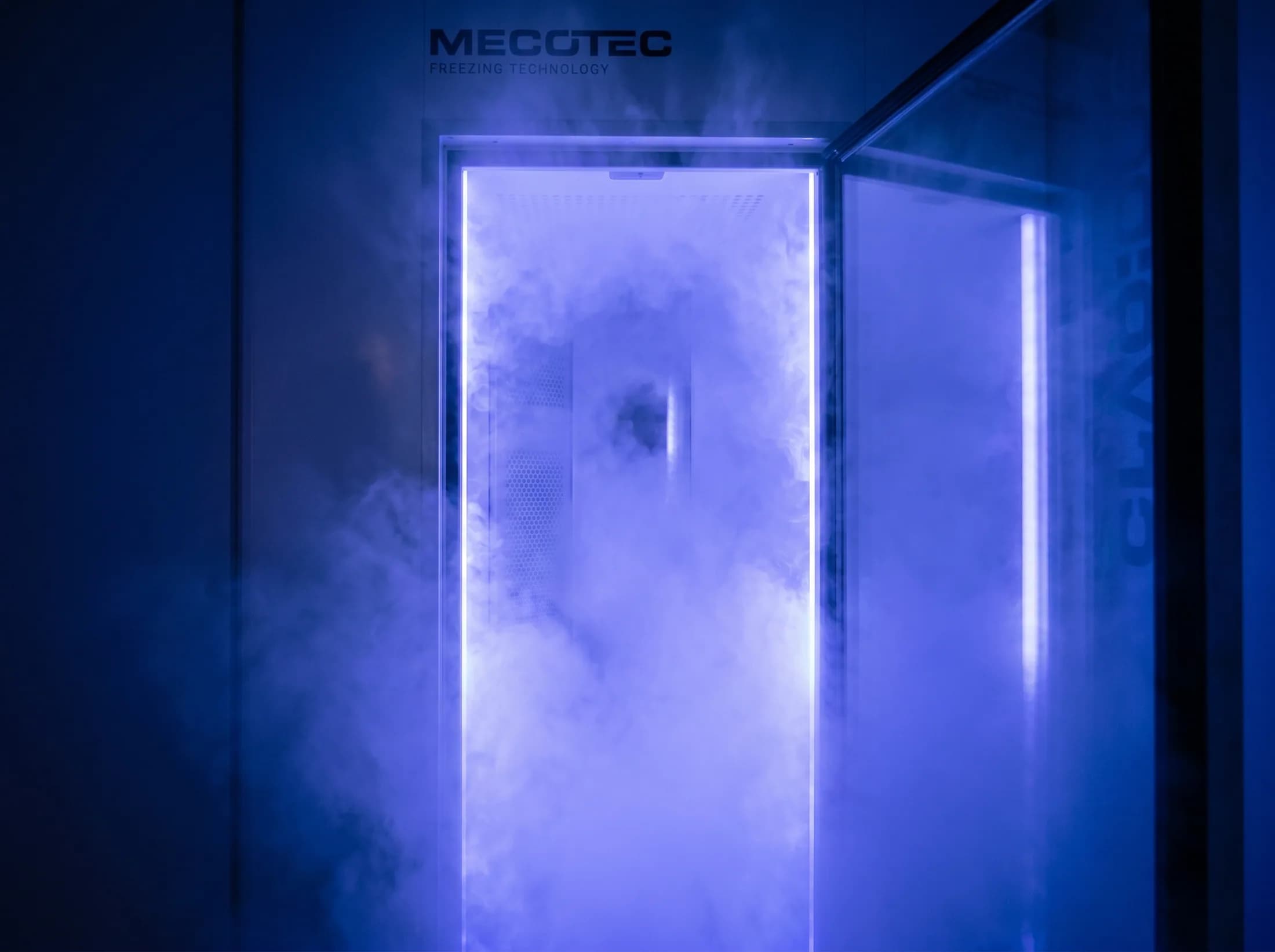 Empty cryotherapy chamber filled with cold mist