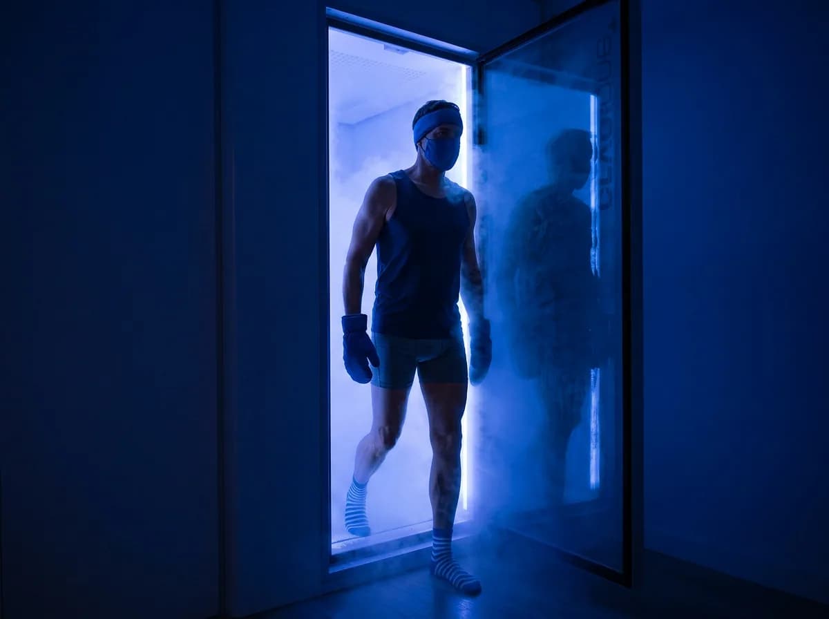 Man stepping out of the cryotherapy chamber after a session